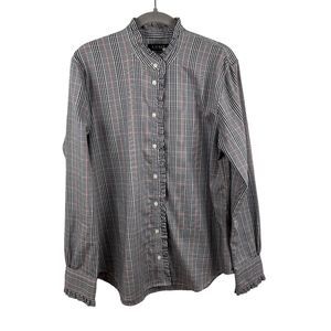 Lauren Ralph Lauren Womens Button Down Shirt Gray Large Cotton Ruffle Plaid